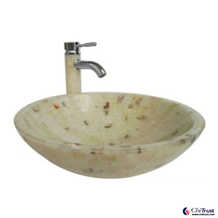 Shallow sapphire mosaic stone basin CT613